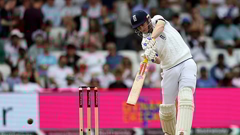 England's Harry Brook plays a shot on Day 3 of the first Test against India at Leeds, Headingley
