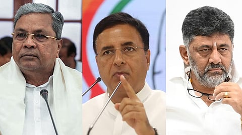 Chief Minister Siddaramaiah, Congress leader Randeep Singh Surjewala, Deputy CM DK Shivakumar (L-R)