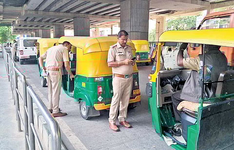 Transport department officials crack down on autorickshaw drivers on Monday.