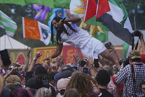 Bob Vylan performs on the West Holts stage, during the Glastonbury Festival at Worthy Farm in Somerset. England, Saturday, June 28, 2025