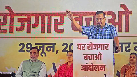 AAP supremo Arvind Kejriwal at a protest rally in JantarMantar.