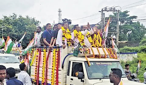 Congress leaders during the rally from Borigumma to Jeypore on Sunday.