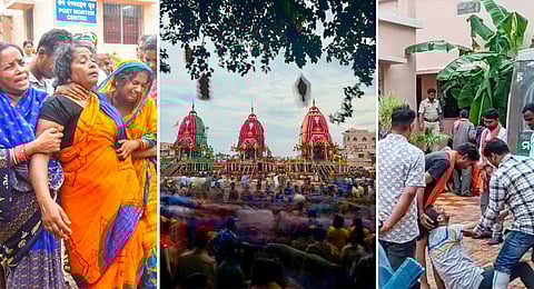 Relatives of the deceased mourn the deaths in Puri; people gather near chariots of Lord Jagannath during the annual ‘Rath Yatra’ in Puri, Odisha, on Sunday.