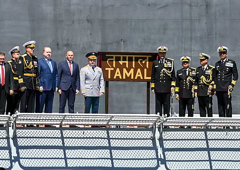 In this image via Indian Navy, Indian and Russian naval officers during the commissioning ceremony of Indian Navy's Russian-manufactured guided missile frigate 'INS Tamal', in Kaliningrad, Russia.