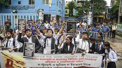 In this photo from June 30, 2025, students stage a protest demanding immediate justice in the alleged gang rape case of a 24-year-old law student in South Calcutta Law College, in Kolkata.