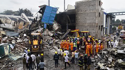 Emergency services personnel at the site after an explosion at a pharma plant, at Pashamylaram, in Sangareddy district, Telangana, Monday, June 30, 2025