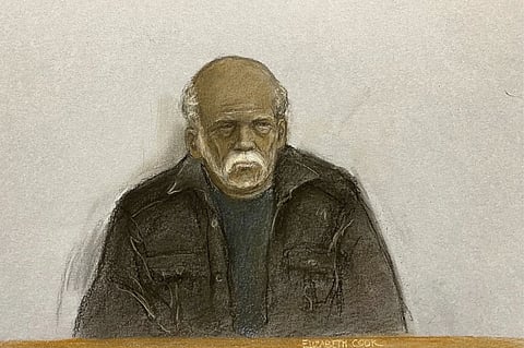 This court artist drawing by Elizabeth Cook shows 92-year-old Ryland Headley appearing via video link at Bristol Magistrates’ Court, Nov. 20, 2024.