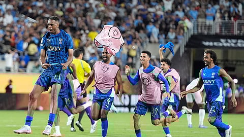 Al Hilal players celebrate following the Club World Cup round of 16 soccer match between Manchester City and Al Hilal in Orlando, Fla., Monday, June 30, 2025.