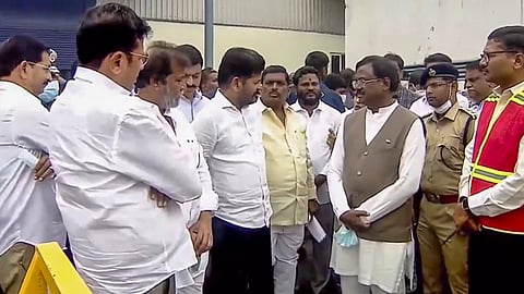 Telangana Chief Minister A Revanth Redddy inspects the site of an explosion at the Sigachi Industries' pharma plant, in Sangareddy district, Telangana.