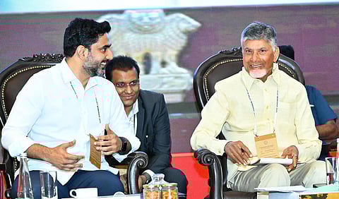 CM Nara Chandrababu Naidu and IT and HRD minister Nara Lokesh during the Quantum Valley workshop in Vijayawada on Monday.
