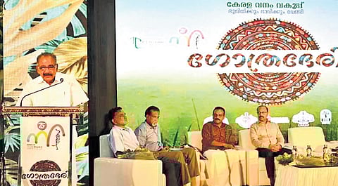 Forest Minister A K Saseendran speaks at the Gothrabheri state workshop held at the forest headquarters, Thiruvananthapuram, on Wednesday.