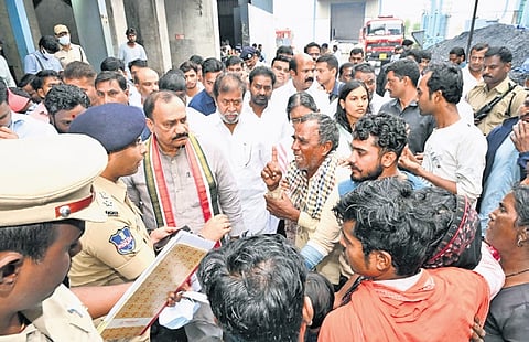 Health Minister Damodar Rajanarasimha along with TPCC chief Mahesh Kumar Goud and AICC Telangana in-charge Meenakshi Natarajan visit the Sigachi chemical factory at Pashamylaram on Wednesday