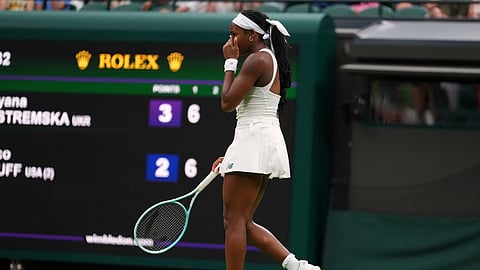 Coco Gauff of the U.S. reacts during her first round women's single match.