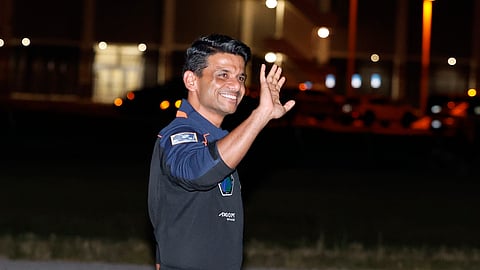 SpaceX Falcon 9 crew member Shubhanshu Shukla of ISRO, waves before departing to pad 39A for a launch to the International Space Station at the Kennedy Space Center in Cape Canaveral, Fla., Tuesday, June 24, 2025.