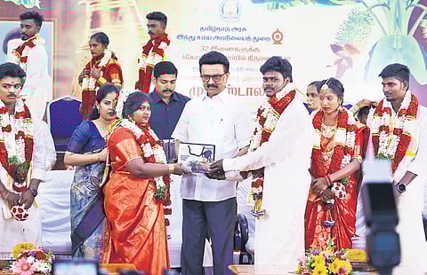 The CM on Wednesday presided over the wedding of 32 couples in Chennai, part of 576 such weddings organised on the same day across TN