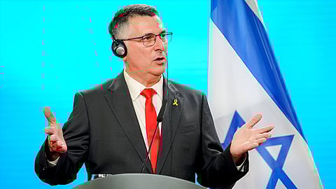 Israel Foreign Minister Gideon Saar gestures as he speaks during a joint press conference after talks at the Federal Foreign Office in Berlin, Germany, June 5, 2025.