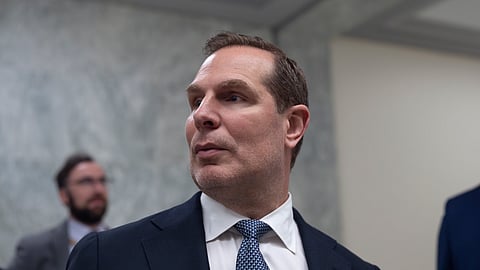 FILE - Pete Marocco departs after briefing the House Foreign Affairs Committee behind closed doors, on Capitol Hill in Washington, March 5, 2025