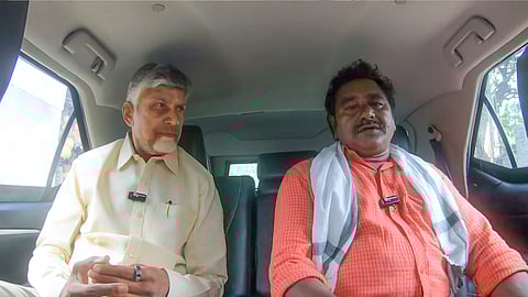 CM Nara Chandrababu Naidu takes Posibabu in his canvoy during his visit to take part in Pedalaku Sevalo program at Malakapalle village of Kovvuru constituency in East Godavari district