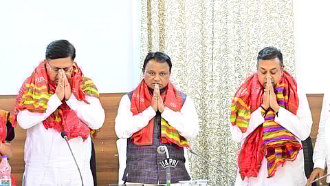 CM Mohan Majhi with servitors and senior government officers at a meeting in Puri