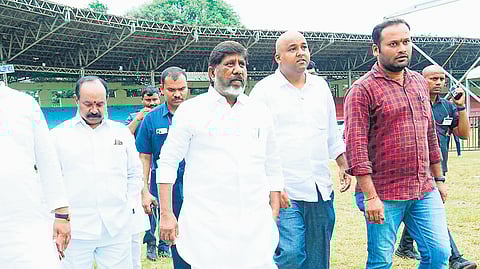 Deputy CM Mallu Bhatti Vikramarka reviews arrangements being made for a public meeting to be addressed by AICC chief Mallikarjun Kharge at LB Stadium.