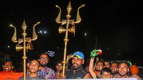 People chant religious slogans before leaving for the annual Amarnath Yatra, at Bhagwati Nagar base camp, in Jammu, Wednesday, July 2, 2025.