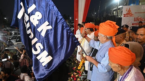 Lieutenant Governor Manoj Sinha flags off the first batch of pilgrims of Shri Amarnath Yatra.