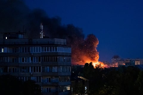 A fire is seen after a Russian strike on Kyiv, Ukraine, on Monday, June 23, 2025.
