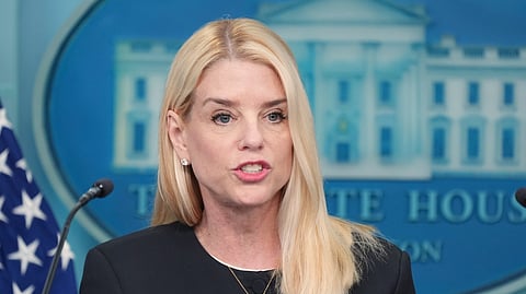 US Attorney General Pam Bondi speaks to the media, Friday, June 27, 2025, in the briefing room of the White House in Washington.