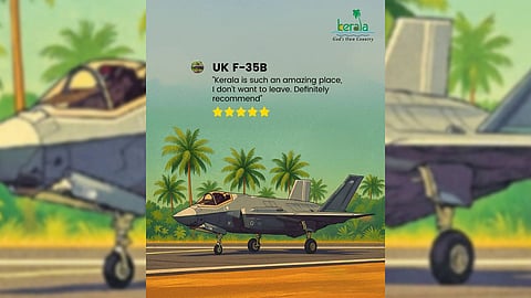 A new poster posted by Kerala Tourism on its 'X' handle is making the rounds online. It features a stylised image of the fighter jet parked against a dreamy Kerala backdrop -- coconut trees and lush greenery.