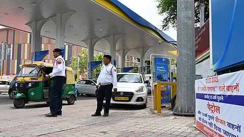 Traffic Police personnel keep a vigil at a petrol pump after fuel ban for end-of-life (EoL) vehicles under the directions of Commission for Air Quality Management (CAQM), in New Delhi on Tuesday, July 1, 2025.
