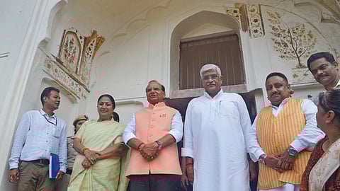 Chief Minister Rekha Gupta, L-G VK Saxena, Union Minister Gajendra Singh Shekhawat and BJP MP Praveen Khandelwal at a function on Wednesday