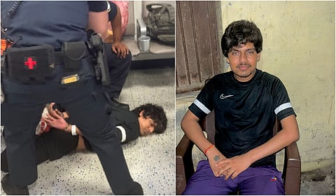 Vishal was handcuffed and pinned to the ground at USA's Newark Airport (L); Vishal after returning home.