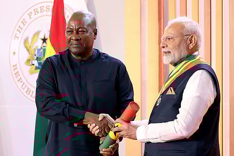 In this image released by PMO on July 3, 2025, Prime Minister Narendra Modi being conferred with The Officer of the Order of the Star of Ghana, the country's national honour, by the Ghanaian President John Dramani Mahama, in Accra.
