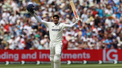 India's captain Shubman Gill reacts to reaching his double hundred on day two of the second cricket test match between England and India at Edgbaston cricket ground in Birmingham, central England on July 3, 2025.