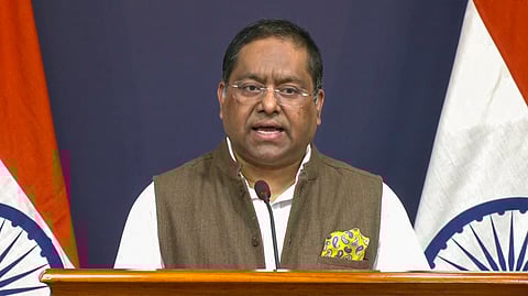 MEA Spokesperson Randhir Jaiswal speaks during a press briefing in New Delhi.