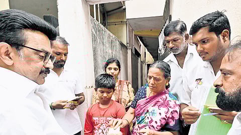 DMK president and Chief Minister M K Stalin, along with party cadre, embarked on a door-to-door campaign in Alwarpet, Chennai, on Thursday as part of the Oraniyil Tamil Nadu initiative