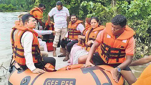 Deputy CM Pravati Parida inspecting the flood-affected areas in Bhograi.