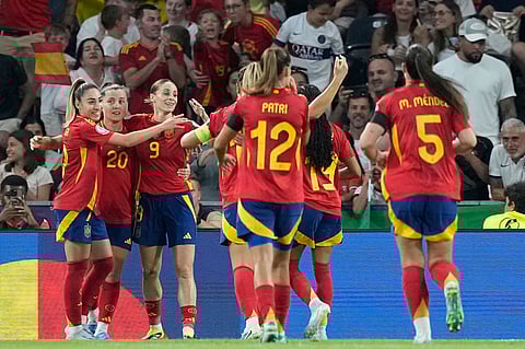 Spain's Esther Gonzalez, 3rd left, celebrates after scoring her side's fourth goal during the Euro 2025, group B, soccer match between Spain and Portugal at Stadion Wankdorf in Bern, Switzerland, Thursday, July 3, 2025.