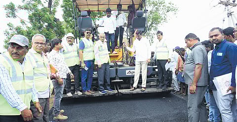 R&B Minister BC Janardhan Reddy lays foundation stone for the pilot project using Danish Asphalt Fibre Reinforcement Technology in Nandyal district on Friday.
