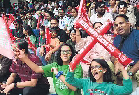 Ecstatic spectators cheer on as they watch Neeraj Chopra sprint across the runway, javelin in hand, at Sree Kanteerava Stadium on Saturday