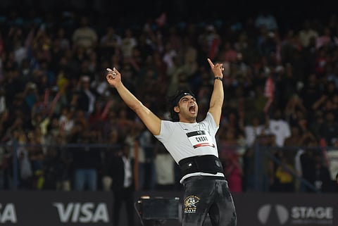 Neeraj Chopra celebrates after his throw in the Neeraj Chopra Classic 2025 at the Sree Kanteerava Stadium in Bengaluru on Saturday