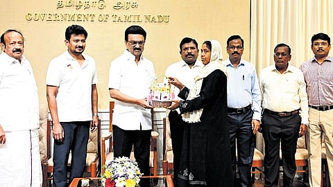 Chief Minister MK Stalin handing over seed kits to a beneficiary at the secretariat in Chennai on Friday.