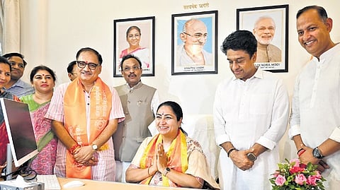 Delhi CM Rekha Gupta during the inauguration of ‘Jan Seva Sadan’ on Friday.