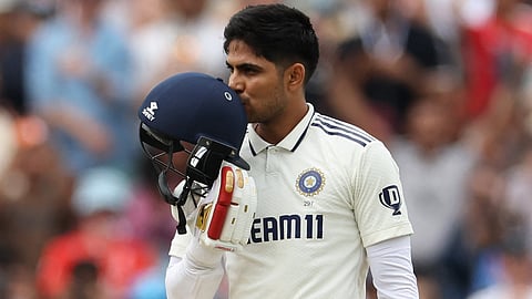 India's captain Shubman Gill reacts to reaching his century on day four of the second cricket test match between England and India at Edgbaston cricket ground in Birmingham, central England on July 5, 2025.