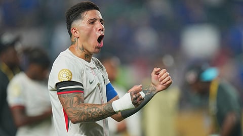 Chelsea's Enzo Fernandez reacts at the end of the Club World Cup quarterfinal soccer match between Palmeiras and Chelsea in Philadelphia, Friday, July 4, 2025.