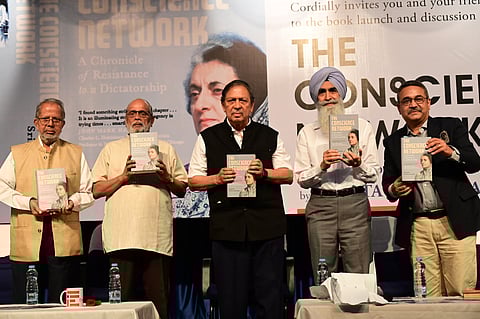 Former Lokayukta Justice Santosh Hegde and others at the release of the book, ‘The Conscience Network’.