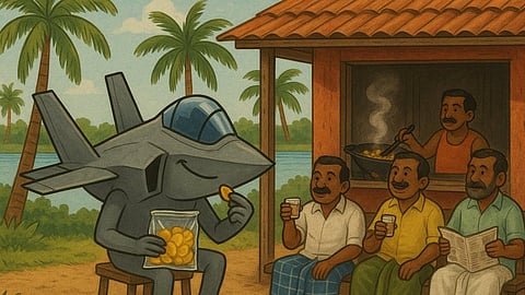 The fighter aircraft, said to be one of the most advanced, has become a star in the social media circle, not just in Kerala but across India. Here, it is seen munching chips at a roadside teashop with locals.