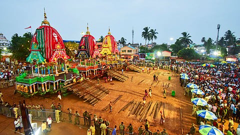 Preparations underway for the 'Bahuda Yatra', the return journey of Lord Jagannath, as part of the annual Rath Yatra festival, in Puri, Friday, July 4, 2024.