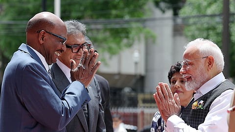 Prime Minister Narendra Modi being greeted upon his arrival at the Parliament of Trinidad and Tobago, in Port of Spain.
