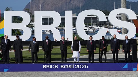 World leaders pose for a group photo at the 17th annual BRICS summit in Rio de Janeiro, Sunday, July 6, 2025.